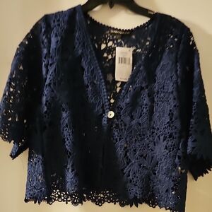 Blue Cropped Boxy Embellished Blouse